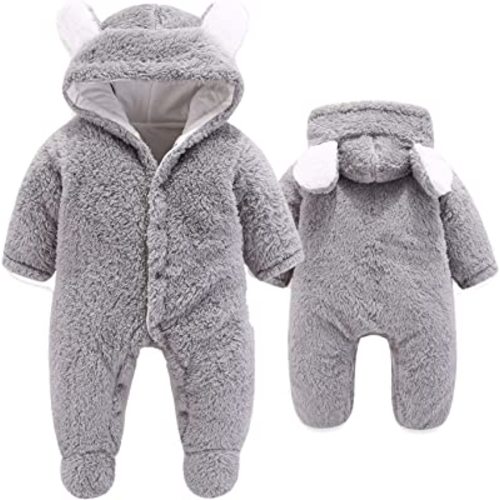 VNVNE Newborn Baby Cartoon Bear Snowsuit Warm Fleece Hooded Romper Jumpsuit