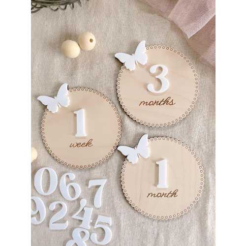 3D Monthly Milestone Discs for Baby Photos, Engraved Wood Monthly Milestone Markers, Baby Butterfly Milestone Cards, Personalized Baby Sign