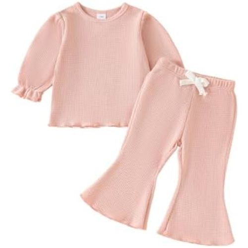 Baby Girl Fall Outfit Toddler Girl Winter Clothes Baby Lantern Sleeve Top and Flared Pant 2-Piece Waffle Clothing Set