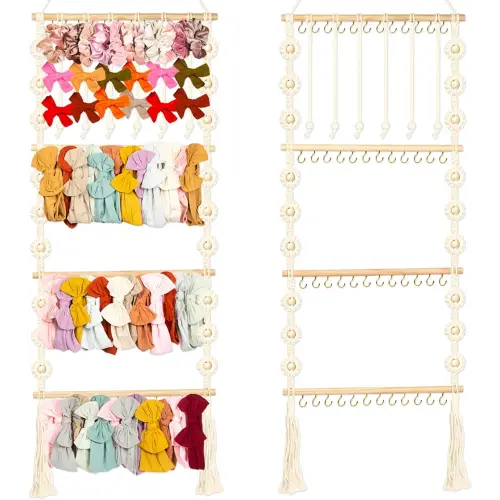 Headband Holder - Bow Holder for Baby Girl – Macrame Bow Organizer for Baby Girl w/ 48 Metal Hooks, 6 Slings & Wooden Bead – Space Saving Baby Bow Organizer – Ideal Baby Bow Holder for Expecting Moms