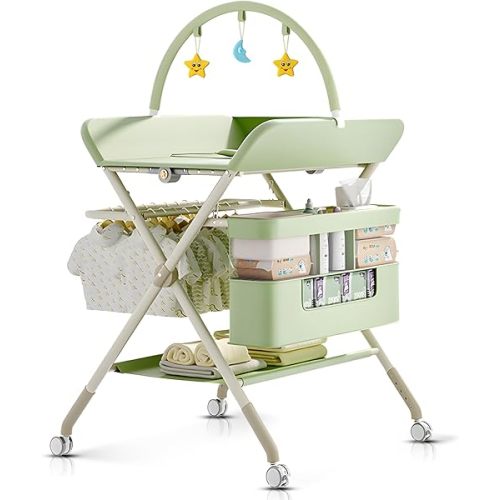 Changing Table, Portable Baby Changing Table with Wheels, Upgraded Foldable Diaper Changing Station with 5-Level Adjustable Height & Large Nursery Organizer Storage for Newborn Infant (Green)