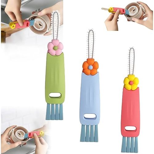 3-in-1 Cup Lid Cleaning Brush, 3 Pack - 3-in-1 Design: Bottle Brush, Hook Remover, Corner Brush Plastic Bristles - Red, Green, Blue - 5.04 inches