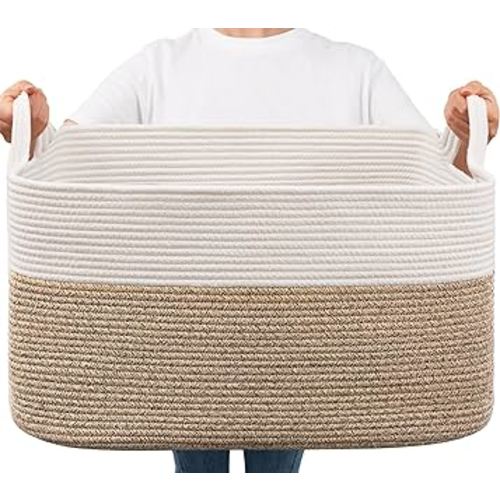 Goodpick Large Blanket Basket, Woven Basket for Storage Rectangle Dirty Clothes Basket for Laundry, Living Room, Nursery, Bedroom Rope Storage Basket for Blankets, Toys, 21.6" x 14.9" x 11.8"