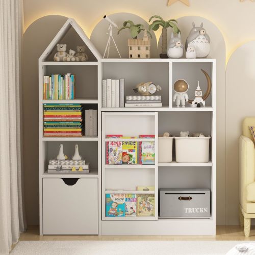 GAOMON Bookshelf, Toy and Book Organizer for Kids, Multifunctional Storage Chest with 8 Cubbies and Movable Drawers, White Bookshelf for Playroom, Kids Room, Living Room