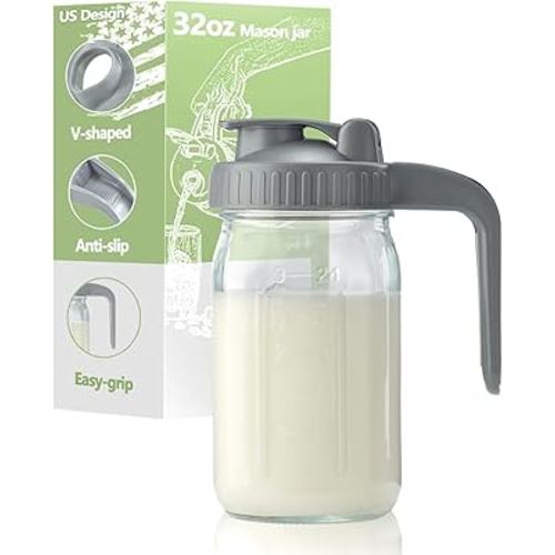 32oz Glass Pitcher with Lid & V-shaped Pour Spout - 1 Quart Breastmilk Pitcher Double Leak Proof, Creamer Container for Sun Tea, Juice, Cold Brew Coffee, Breastmilk Storage Container