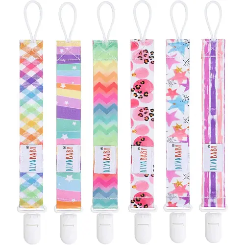 ALVABABY Pacifier Clips 6 Packs Rainbow Paci Clip Holder Leashes for Baby Boys and Girls Fits Most Pacifier,Binkie Styles,Baby Teethers,Toys
