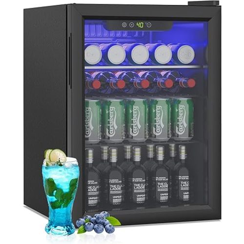 Compact Beverage Refrigerator, 2.6Cu.Ft/95 Can Mini Fridge with Glass Door and Digital Display, Small Drink Fridge with Adjustable Shelves for Soda, Beer, or Wine, Compact Fridge for Home