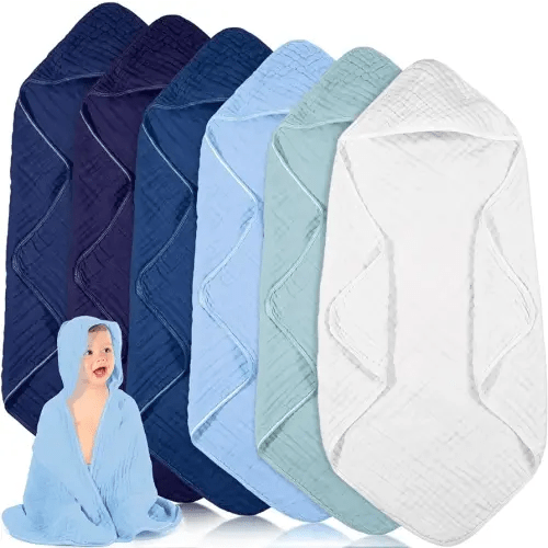 Peryiter 6 Pcs Muslin Hooded Baby Towels,32"x 32" Cotton Newborn Bath Towel Muslin Infant Baby Blankets Absorbent Unisex Newborn Registry Gift for Girls Boys (Blue)