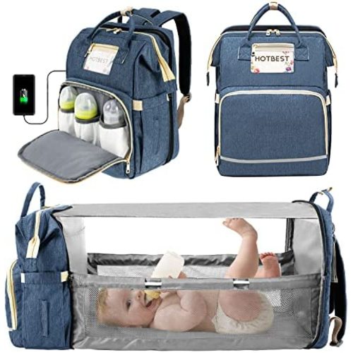 3 in 1 Diaper Bag Backpack, Portable Travel Bag with USB Port, Foldable Diaper Bag with Bassinet, Newborn Registry Baby Shower Gifts Essentials Accessories Items Stuff for Girls Boys (Haze Blue)