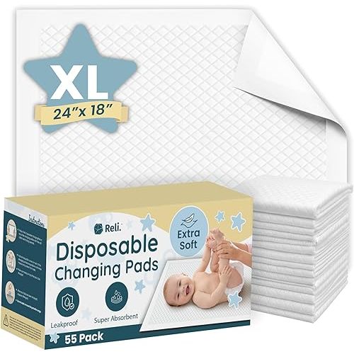 Reli. Premium XL Disposable Baby Changing Pad Liners | XL 24" x 18" | 55 Pack | Super Absorbent, Soft, Leak-Proof, Waterproof, Quick Dry | Carry On The Go for Quick Diaper Changes (White)