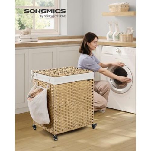 38.3 Gallon Dual-Section Rolling Laundry Hamper with Wheels, 2-Compartment Synthetic Rattan Basket with Removable Liner, 21.7x15.7x26 Inches, Natural
