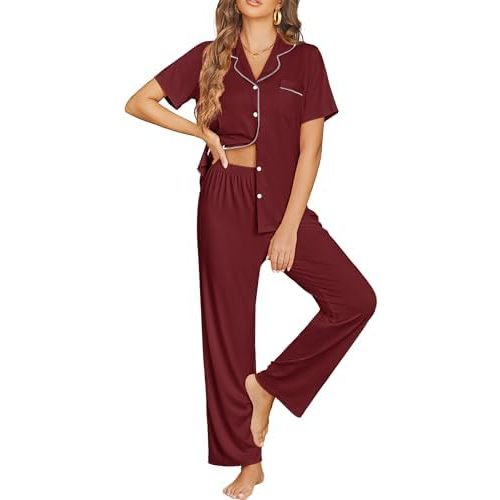 Ekouaer Womens Pajama Sets Button Down Pjs Lounge Sets 2 Piece Short Sleeve Sleepwear Soft Comfy Loungewear