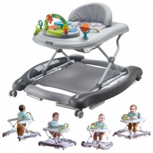 VEVOR 4-in-1 Baby Walker, Foldable Baby Activity Center on Wheels, 3 Adjustable Height, Music &amp; Toys Tray, Learning-Seated | Walk-Behind | Rocker | Bouncer Toddler Walker for Girls Boys  6-24 Months