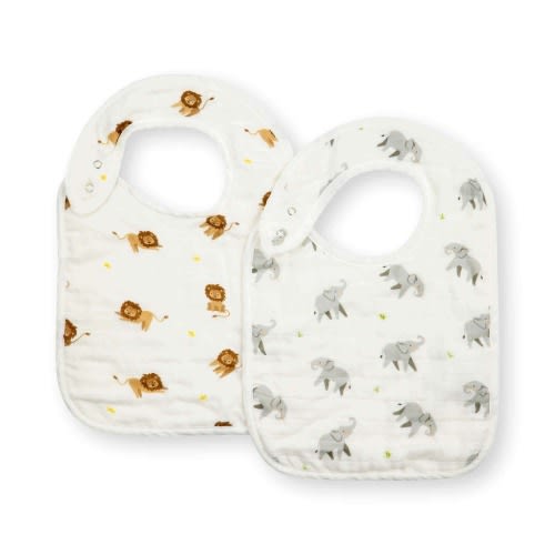 Snap Baby Bibs, Drooling, Teething, Elephant Lion, Bamboo Muslin
