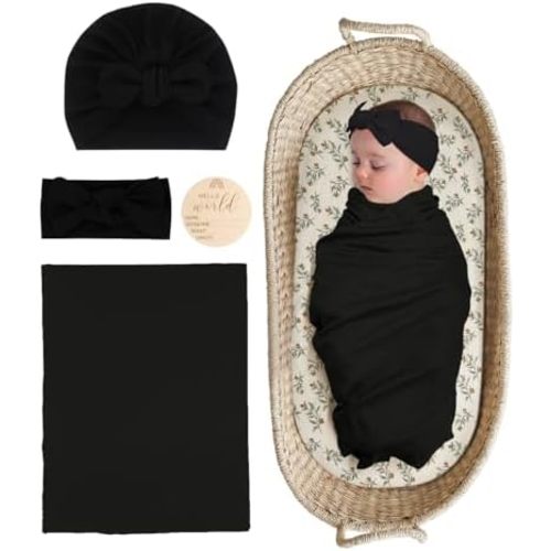 Stretchy Baby Swaddle Blanket and Headband Set, Newborn Receiving Blankets with Matching Hat for Nursery Swaddle Wrap