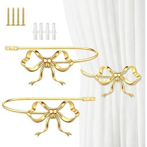2 Pack Gold Metal Bow Curtain Holdbacks Wall Mounted Curtain Hold Backs Curtains Modern Tiebacks Decorative Window Drapery Tiebacks with Bow Finials for Living Room Bedroom Office Home