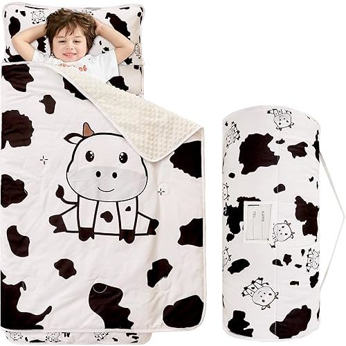 Viviland Cow Print Toddler Kid Nap Mat for Preschool, Girls Boys Slumber Bag, Daycare Sleeping Bag with Pillow and Blanket, Animal Flat Print Kindergarten Sleep Mat