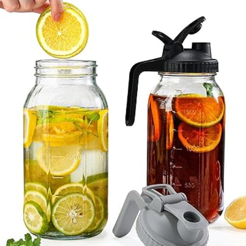 64 oz Glass Pitcher with Lid 2 Pack,2 Quart Mason Jar Pitcher with Lid and Spout - Half Gallon Mason Jar Pitcher Wide Mouth for Iced Tea/Sun Tea/Coffee/Juice, Glass Jars with Lids (Black & Gray)