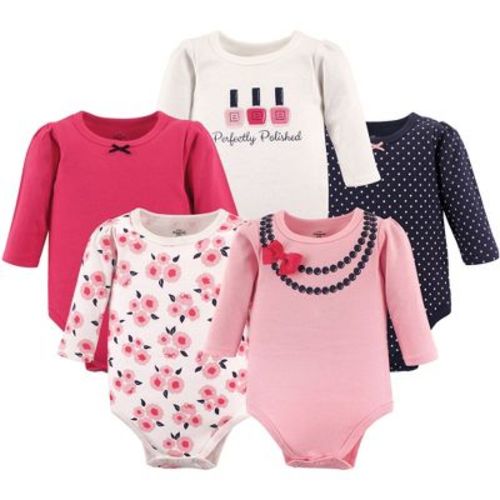 Little Treasure Baby Girl Cotton Long-Sleeve Bodysuits 5pk, Bow Necklace, 3-6 Months