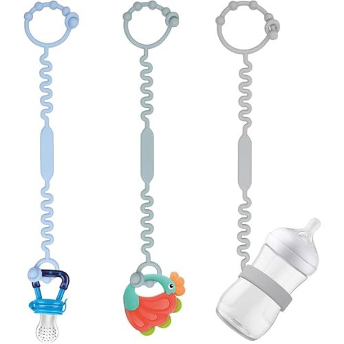 Toy Straps, Pacifier Holder Clip with Self-Adjusting Bayonet, Pure Silicone Material Without BPA; Can Be Used for Teethers, Feeding Bottles, Toys, Baby Cribs, High Chairs(Blue-3ps)