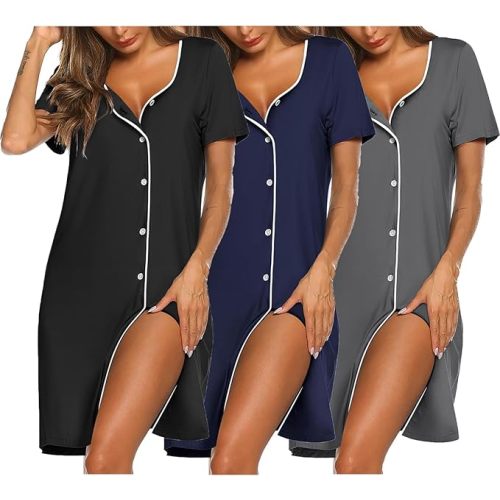 Ekouaer Nightgowns for Women 3 Pack Sleep Shirts Button Down Pajama Dress Short Sleeve Nightshirt Sleepwear Nightdress