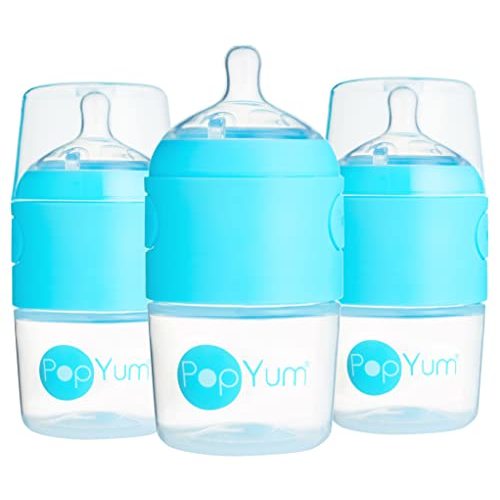 PopYum 5 oz Blue Anti-Colic Formula Making/Mixing/Dispenser Baby Bottles, 3-Pack with #1 Slow Flow Nipples, 150 ml, BPA-Free, Natural Latch