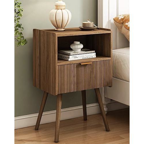 Nightstand,Modern Bedside Table with Storage Drawer and Open Wood Shelf, for Living Room, Bedroom and Small Spaces, Accent Night Stand with Solid Wood Legs, Easy Assembly,Walnut Brown