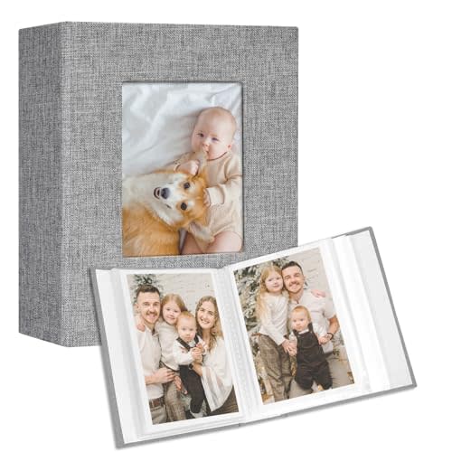 Vienrose Small Photo Album 4x6 holds 100 Photos 2 Pack, Mini Baby Photo Album Linen Cover for Gifts Wedding Family, Grey