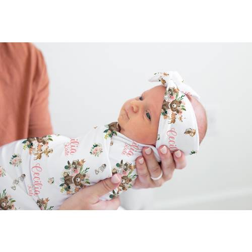 Girl Woodland Swaddle Set, Woodland Baby Blanket, Personalized Swaddle Blanket, Floral Woodland Animal Baby Blanket, Girl Woodland W28
