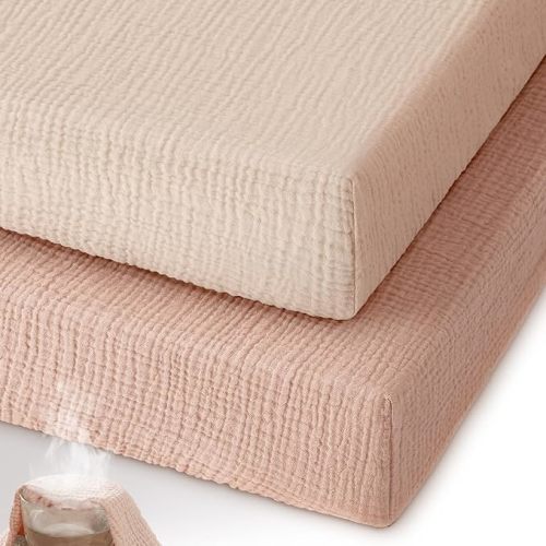 Unnivoll Muslin Pack and Play Sheets Fitted, 100% Cotton Mini Crib Sheets 2 Pack for Pack N Play Mattress, Stretchy Playard Sheet, Soft and Breathable Gradient Pink