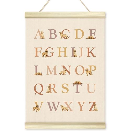 Alphabet ABC Chart Poster Hanger Frame, Golden Retriever Wooden Canvas Art Print, Positive Wall Art for Homeschool Preschool Classroom Kid Room Nursery Playroom Home Decor 12x16in -32