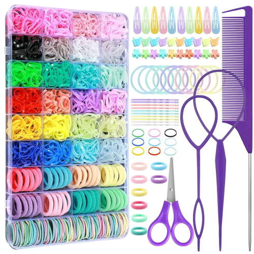 Livhil 37 Colors Hair Rubber Bands with Tail Hair Tools and Hair Clips, 1784 Pcs Elastic Baby Toddler Hair Ties, Hair Accessories for Girls