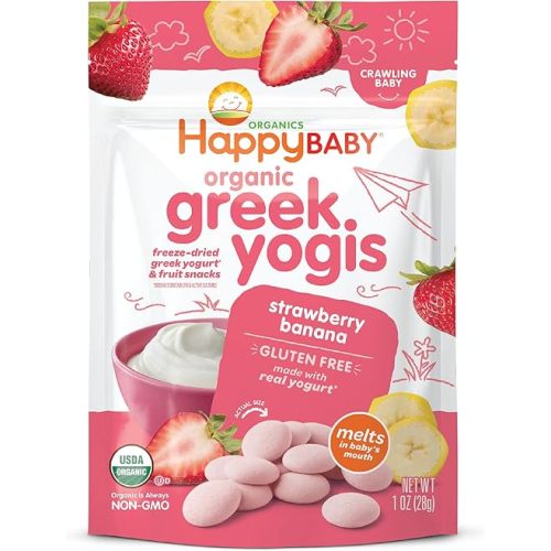 Happy Baby Organics Greek Yogis Freeze-Dried Greek Yogurt and Fruit Snacks, Strawberry Banana, 1 Ounce (Pack of 1) packaging may vary