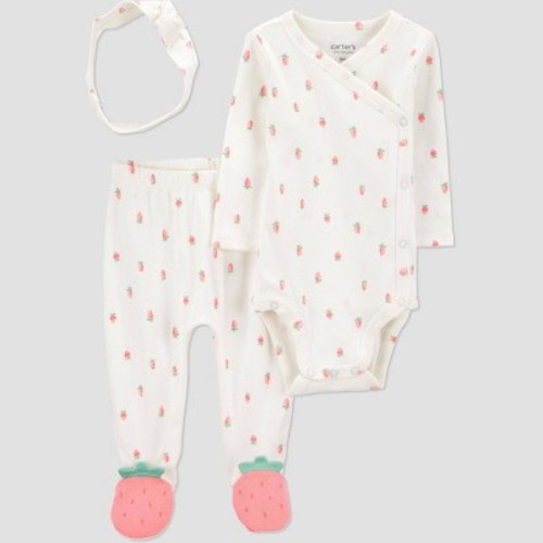 Carter's Just One You®️ Baby Girls' 3pc Long Sleeve Printed Top & Bottom Set - Ivory 3M: Strawberries Pattern, Cotton, Infant Apparel