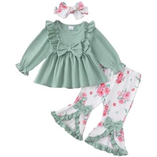 Toddler Baby Girl Clothes Fall/Winter Girls Outfits Ruffle Long Sleeve Tops Floral Flared Pants Girls' Clothing Sets