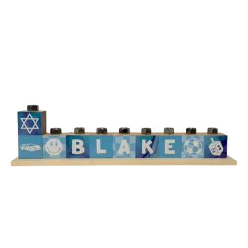 Name Block Menorah Blue - Purple Pumpkin Gifts