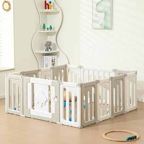 Baby Play Pen - 14 Panels Extra Large Playpen for Toddlers, Foldable UFO, Adjustable Play Yard, Portable Fence - Grey