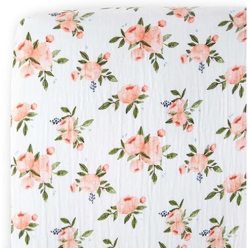 Little Unicorn Watercolor Roses Fitted Crib Sheet | 100% Cotton Muslin | Super Soft | Sized for Standard Baby Crib & Toddler Mattress | Machine Washable | 52” x 28” x 9”
