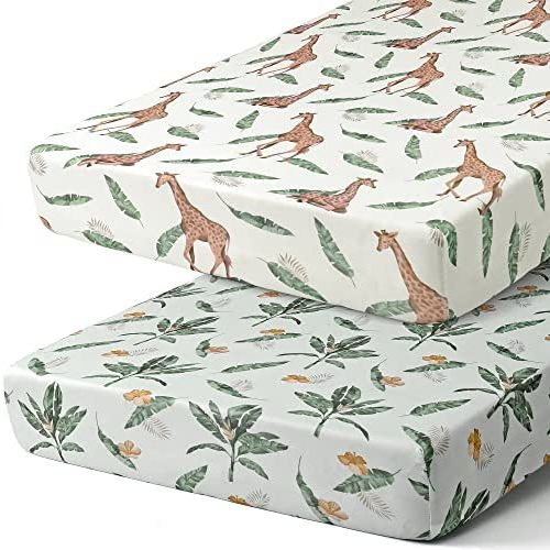 Pack n Play Stretchy Fitted Pack n Play Playard Sheet Set BROLEX 2 Pack Portable Mini Crib Sheets,Convertible Playard Mattress Cover,Ultra Soft Material,Giraffe Leaf