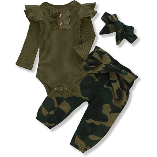 Newborn Baby Girls Clothes Ribbed Ruffled Romper+Floral Pants+Headband Infant Outfit Set