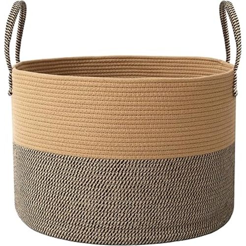 JMvicyroam 65L Extra Large Blanket Basket for Living Room - Woven Cotton Rope Laundry Hamper with Reinforced Handles - Storage Bin for Pillows, Comforters & Toys - Machine Washable,Jute&Black