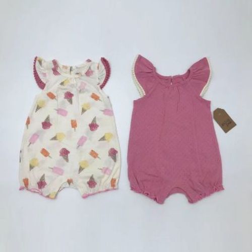 Chick Pea Baby Girl Romper Newborn Essentials Pom Pom Sleeve 2 Pc Set Ice Cream Summer Pink 0-3m - Summer Pink