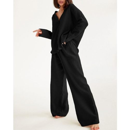 Womens Cotton Gauze Loungewear Sets Casual 2 Piece Sleepwear Button Down Shirt and Wide Leg Pants Outfits