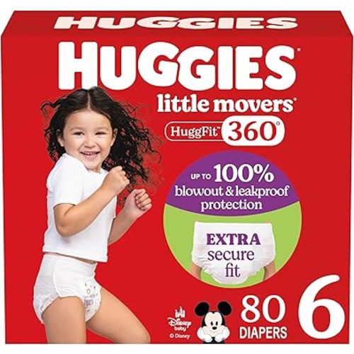 Huggies Size 6 Baby Diapers, Little Movers HuggFit 360° Baby Diapers with 360° Waistband, Size 6 (35+ lbs), 80 Count, Packaging May Vary
