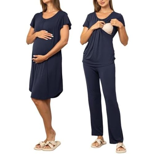 SUNNYBUY Women 3 PCS Maternity Nursing Nightgown Dress & Short Sleeve Breastfeeding Top & Pregnancy Pants Sleepwear Set