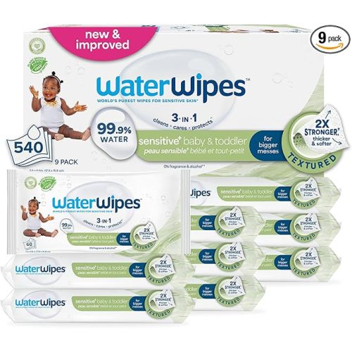 WaterWipes Sensitive+ Baby & Toddler Wipes, 3-In-1 Cleans, Cares, Protects, 99.9% Water, Textured Clean, Unscented & Hypoallergenic, 540 Count (Pack of 9)