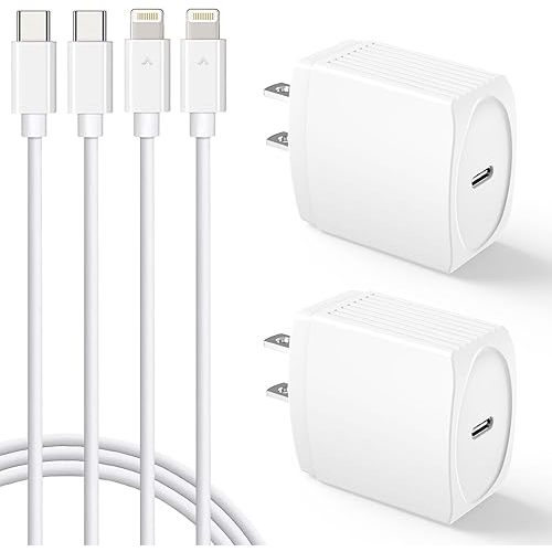 20W USB C Fast Charger 10 FT Compatible with iPhone 14 13 12 11 XS XR X 8 iPad, 2 Pack PD Wall Charger Block with 10FT Long Type C Lightning Cable (White)