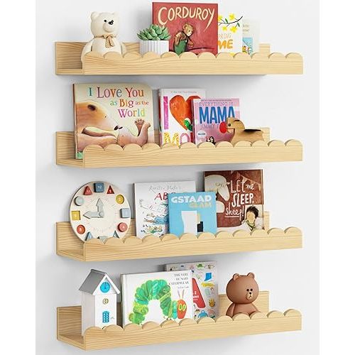 Scalloped Nursery Bookshelf Wall Mounted 4-Pack, Natural Wood Floating Book Shelves for Wall, Cloud Wall Mount Bookshelves for Kids Bedroom, Baby Children Toddler Room (Natural Pine Wood)
