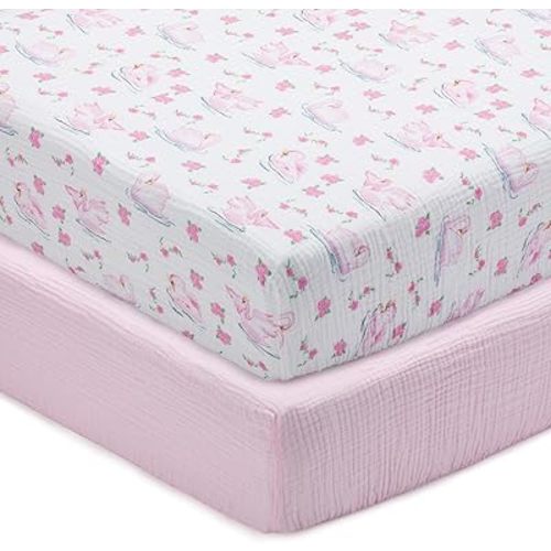 LollyBanks Baby Girl Crib Sheets 2 Pack, 100% Muslin Cotton Soft and Breathable Baby Crib Sheets, Snug Fitted Sheet for Standard 52"x28" Mattress, Baby Nursery Essentials (Swan and Solid Pink)