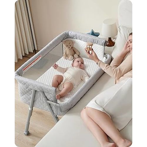 Bassinet Bedside Sleeper, Baby Crib for Newborn, Baby Bassinets Bedside Sleeper with 4 Auto-Lock & Adjustable Height, Breathable Mesh & Mattress, Bedside Bassinet